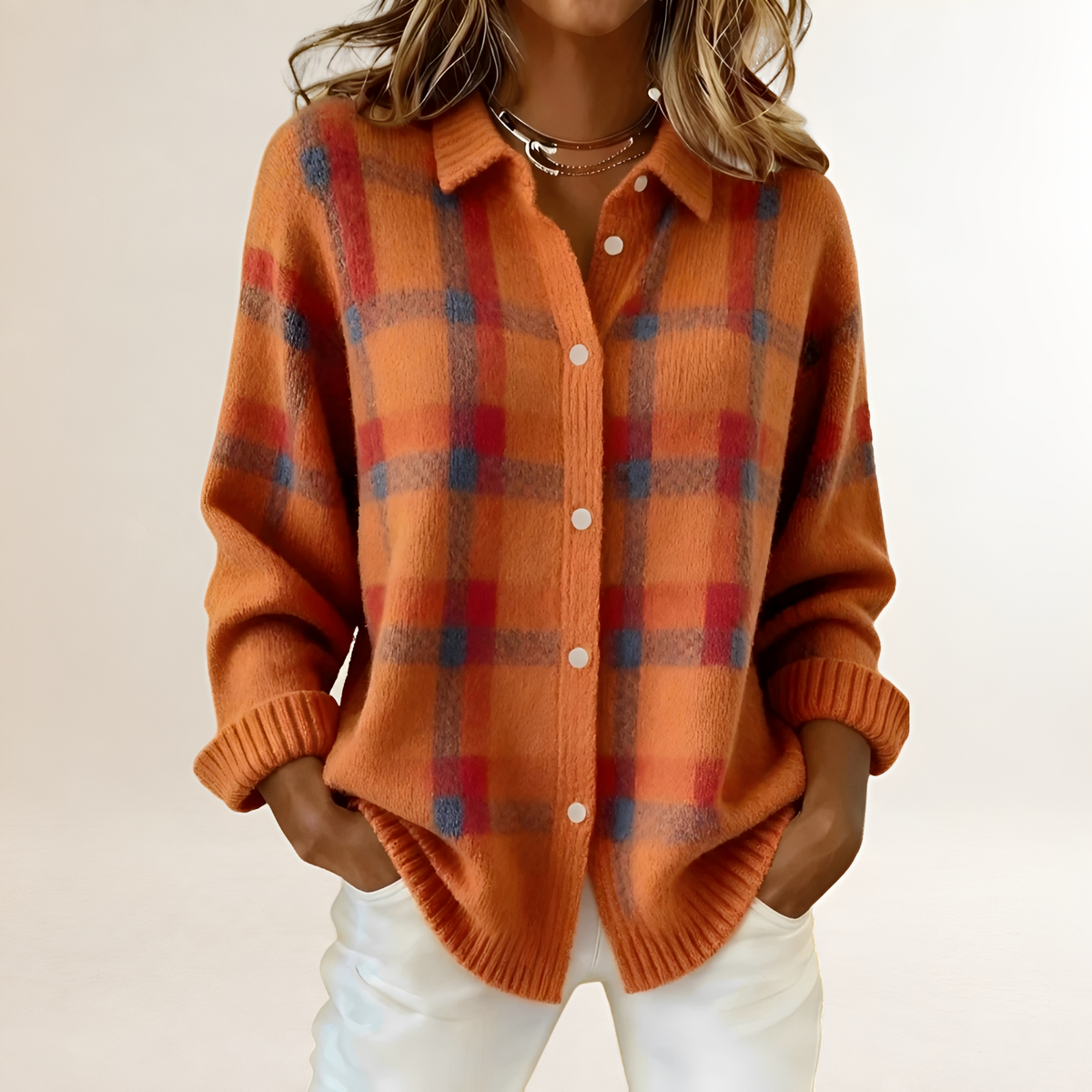 Damen Cardigan mit Knopfleiste, Karomuster, weiter Schnitt, langärmlig
