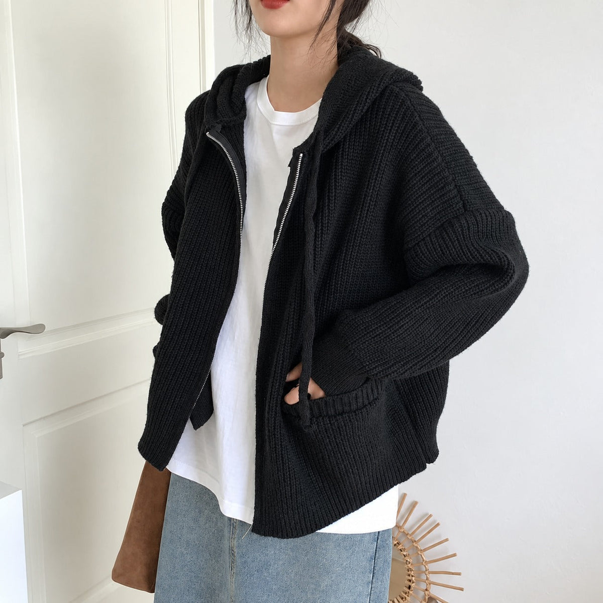 Damen Kapuzen Cardigan - Reißverschluss, Taschen und weiter Schnitt