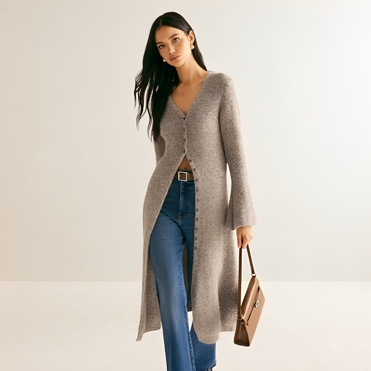 Damen Kleid mit V-Ausschnitt, Knopfleiste, Midi-Länge und lockerer Passform