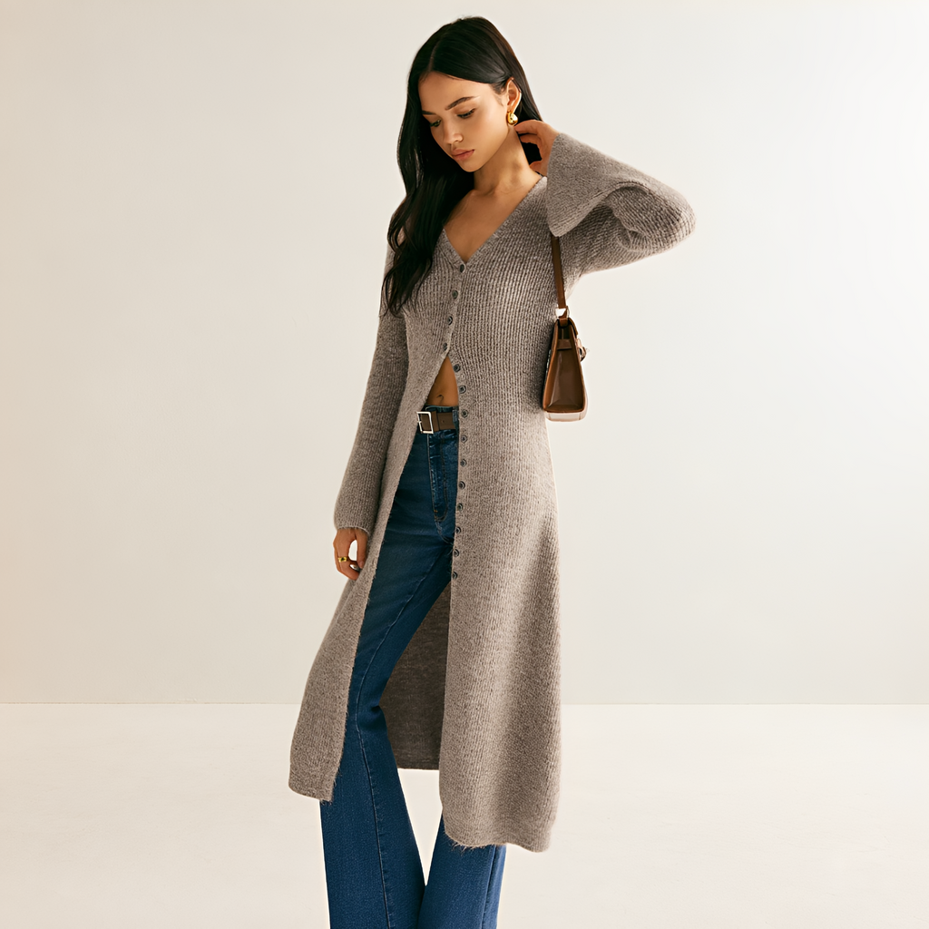 Damen Kleid mit V-Ausschnitt, Knopfleiste, Midi-Länge und lockerer Passform