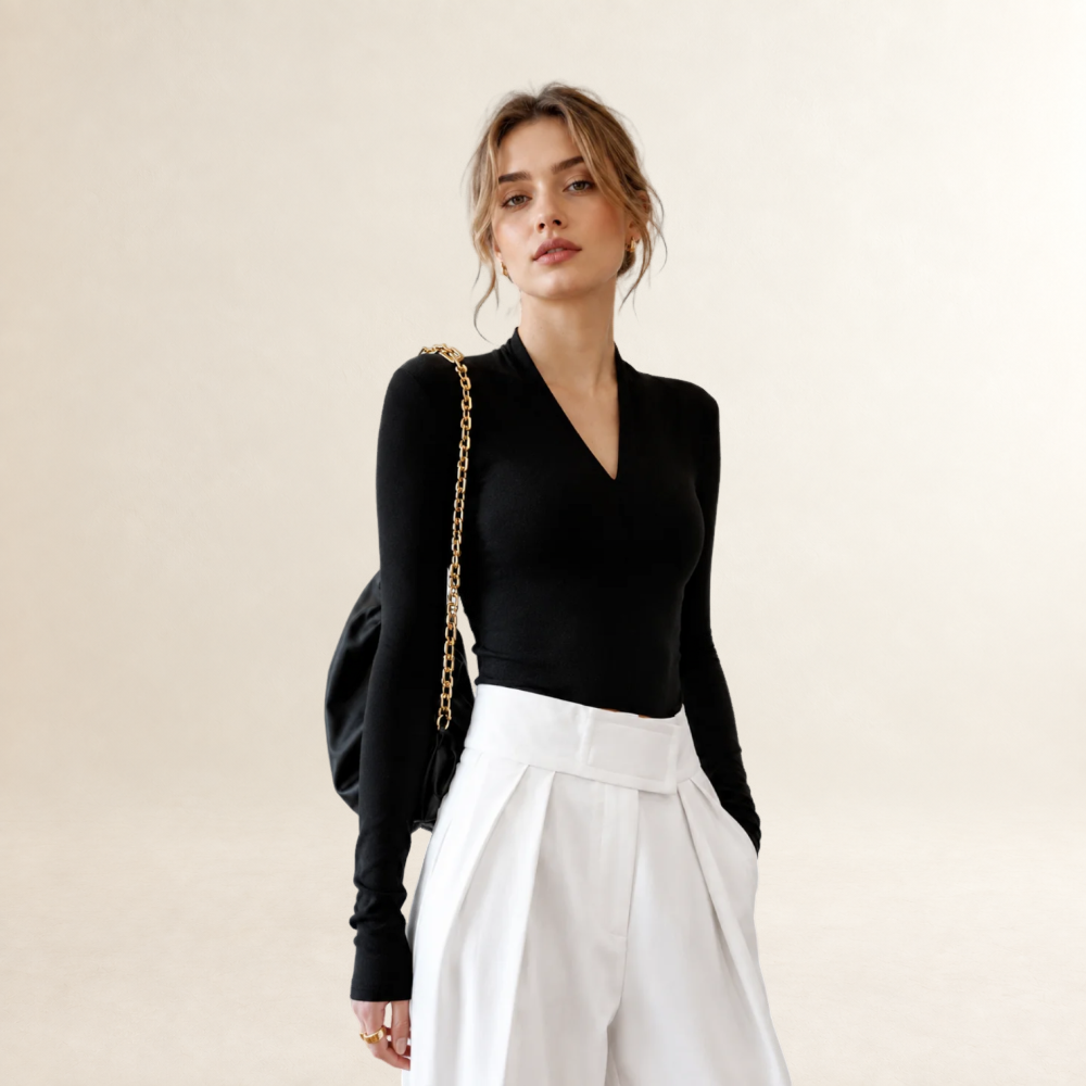 Damen Langarmshirt V-Ausschnitt normale Passform elegante Linie