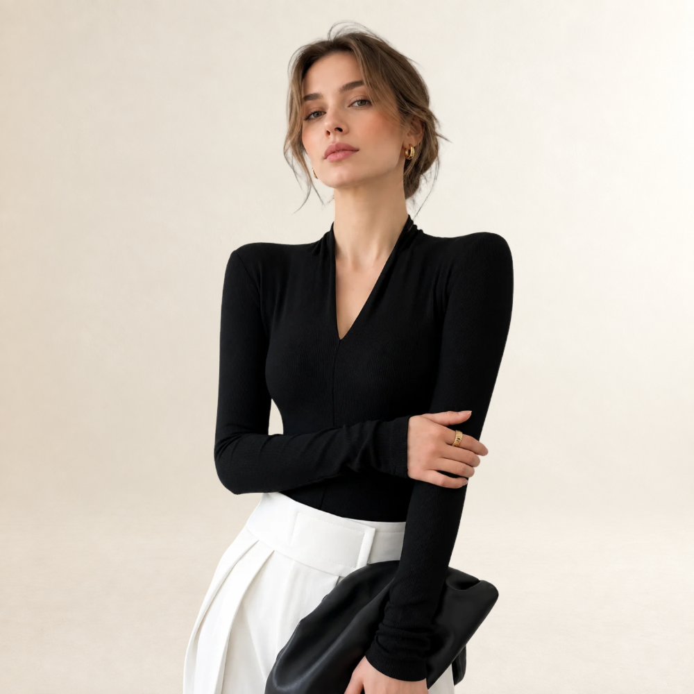 Damen Langarmshirt V-Ausschnitt normale Passform elegante Linie