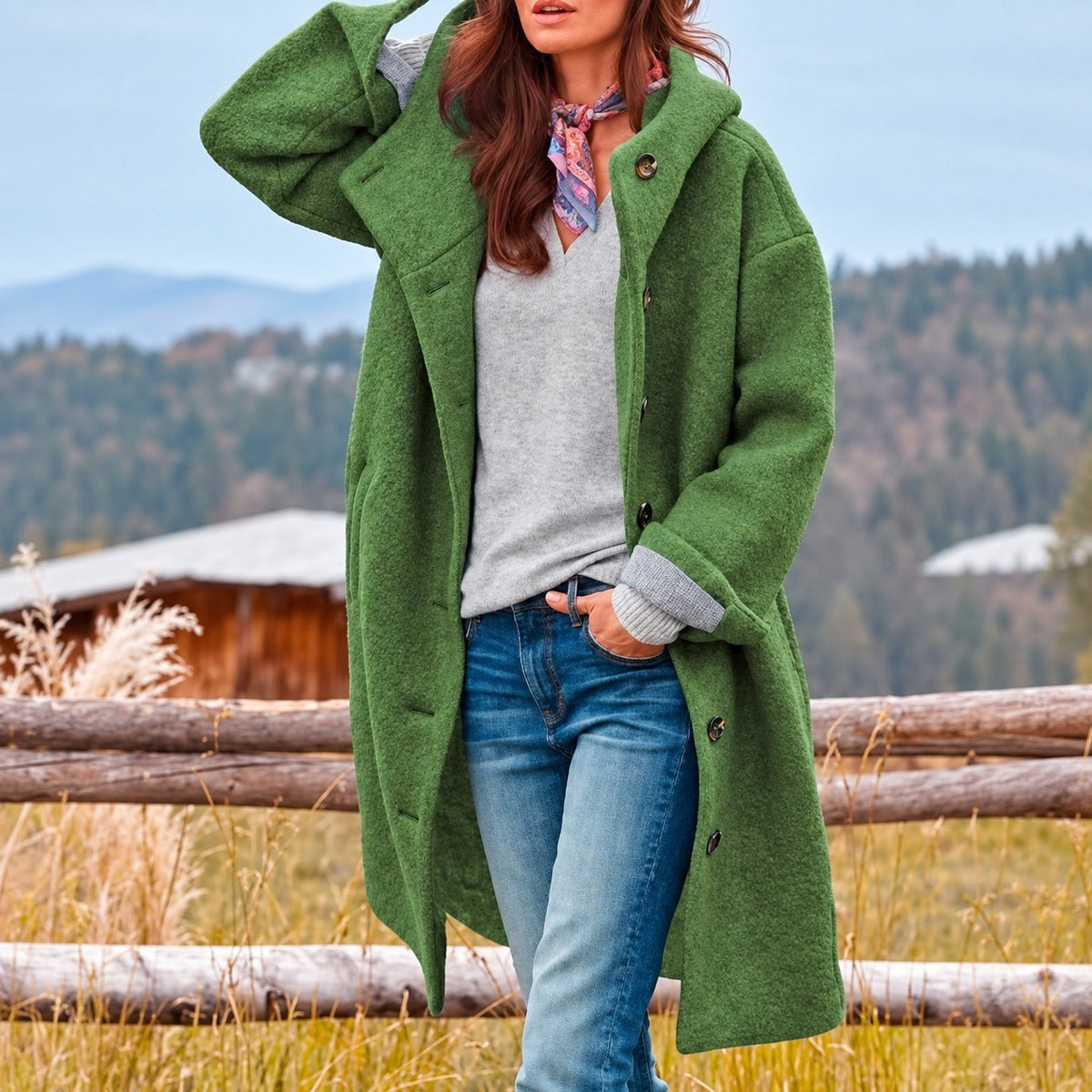 Damen Longcoat mit Kapuze und Knopfverschluss - Entspannt geschnitten