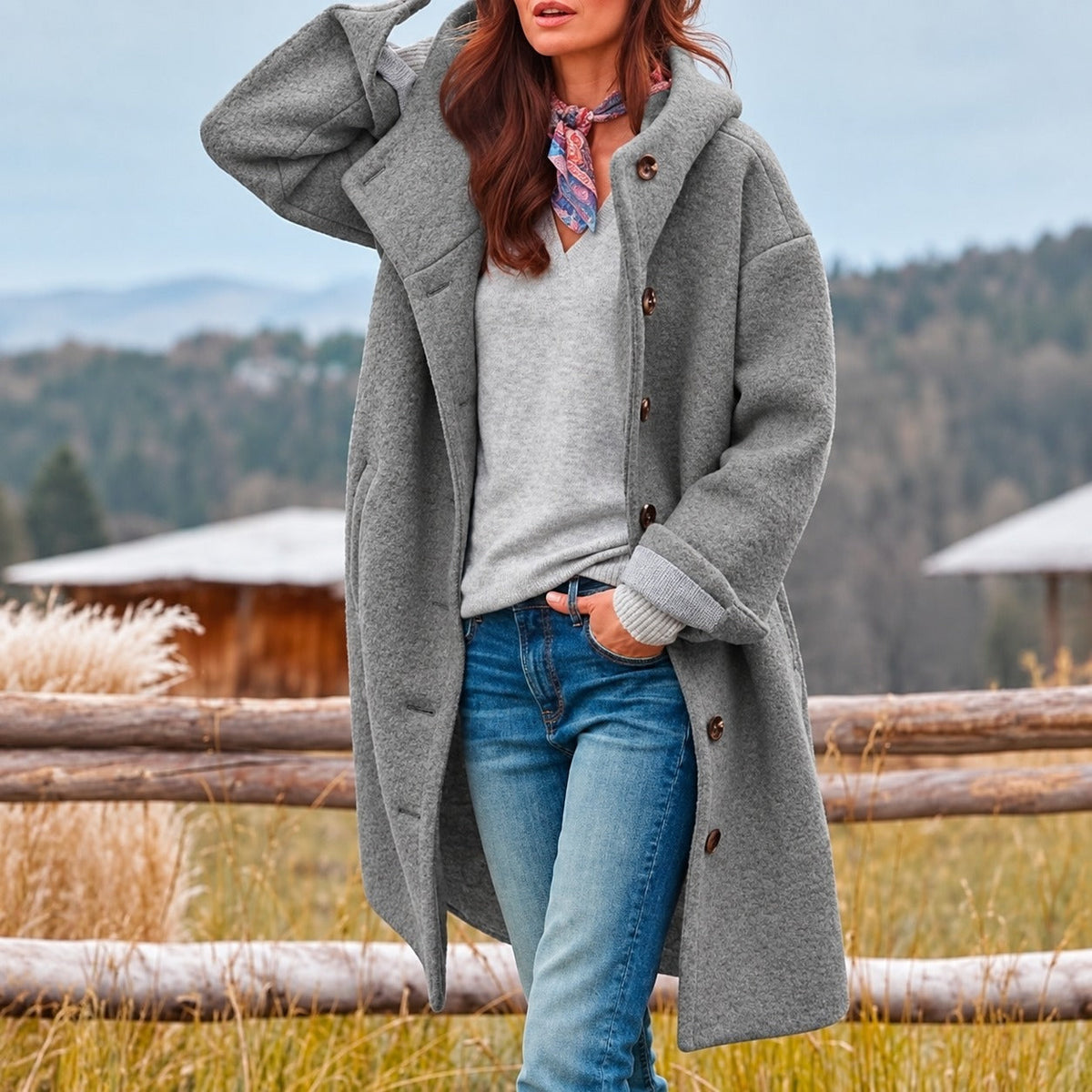 Damen Longcoat mit Kapuze und Knopfverschluss - Entspannt geschnitten