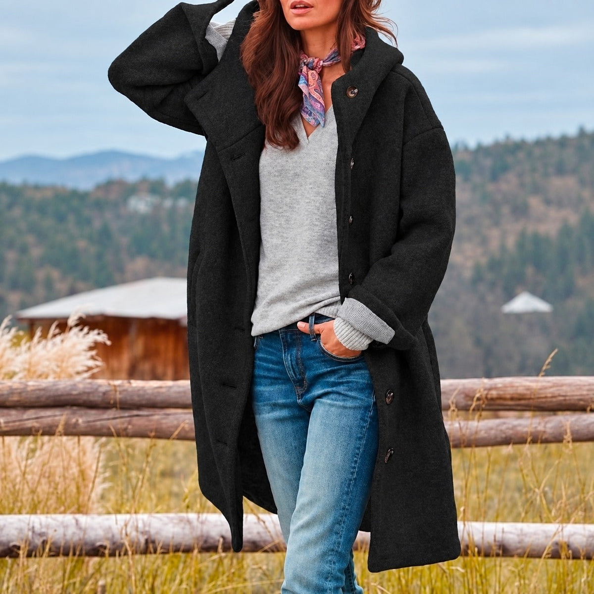 Damen Longcoat mit Kapuze und Knopfverschluss - Entspannt geschnitten