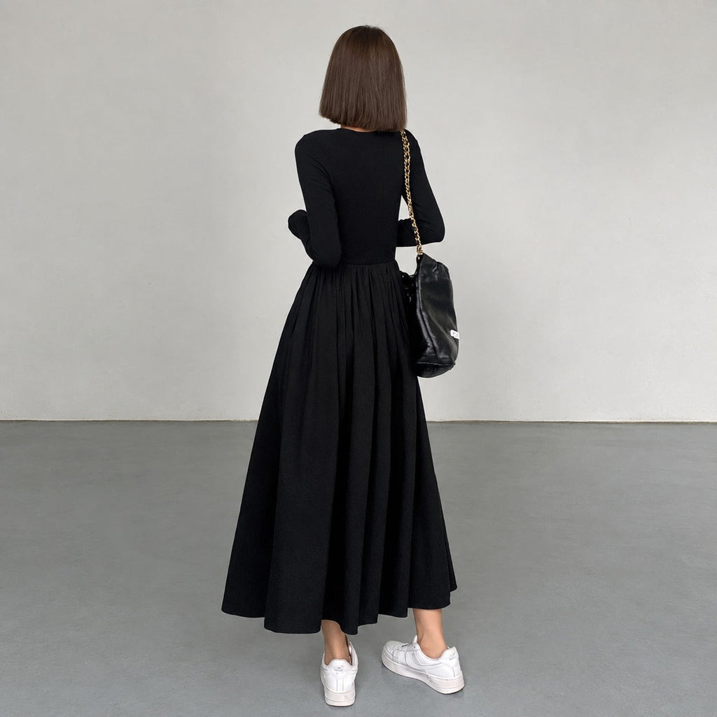 Damen Maxikleid mit langen Ärmeln, Rundhals und Taschen - Reguläre Passform