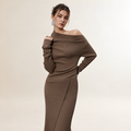 Damen Maxikleid Schulterfrei Langarm Wickelstil mit Schlitz