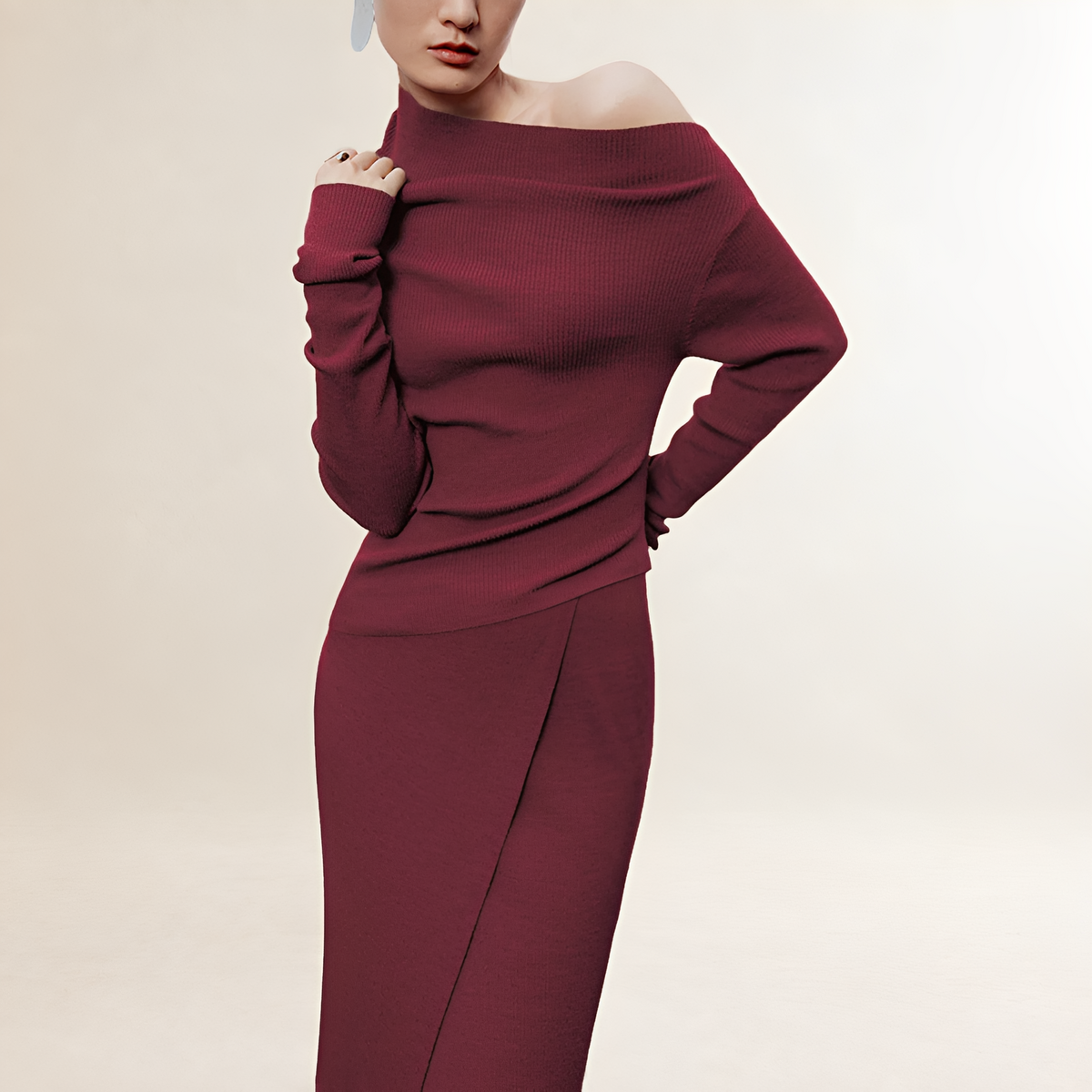 Damen Maxikleid Schulterfrei Langarm Wickelstil mit Schlitz