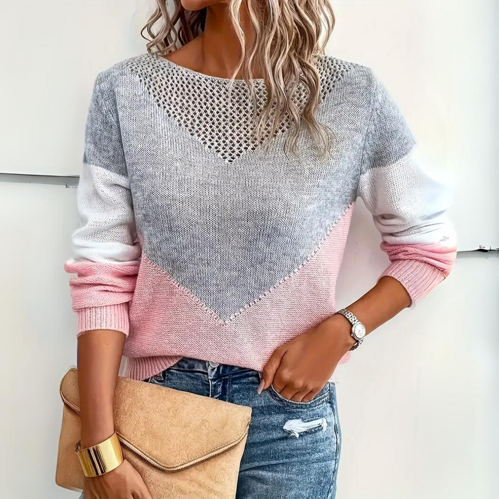 Damen Pullover mit Farbblock-Design - Entspannter Schnitt, Langärmlig, Rundhalsausschnitt