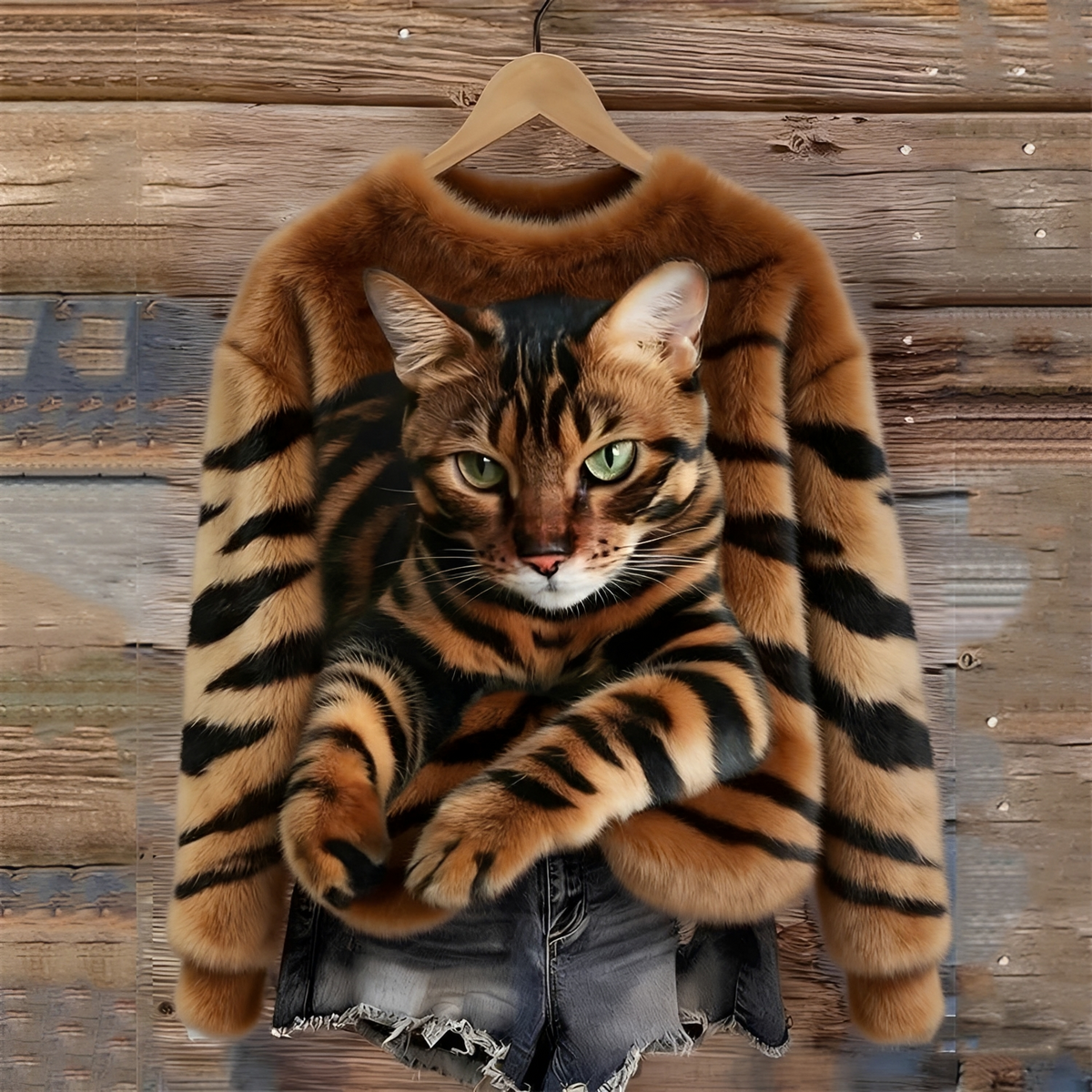 Damenpullover mit Katzenmotiv und bequemer Passform - Rundhalsausschnitt