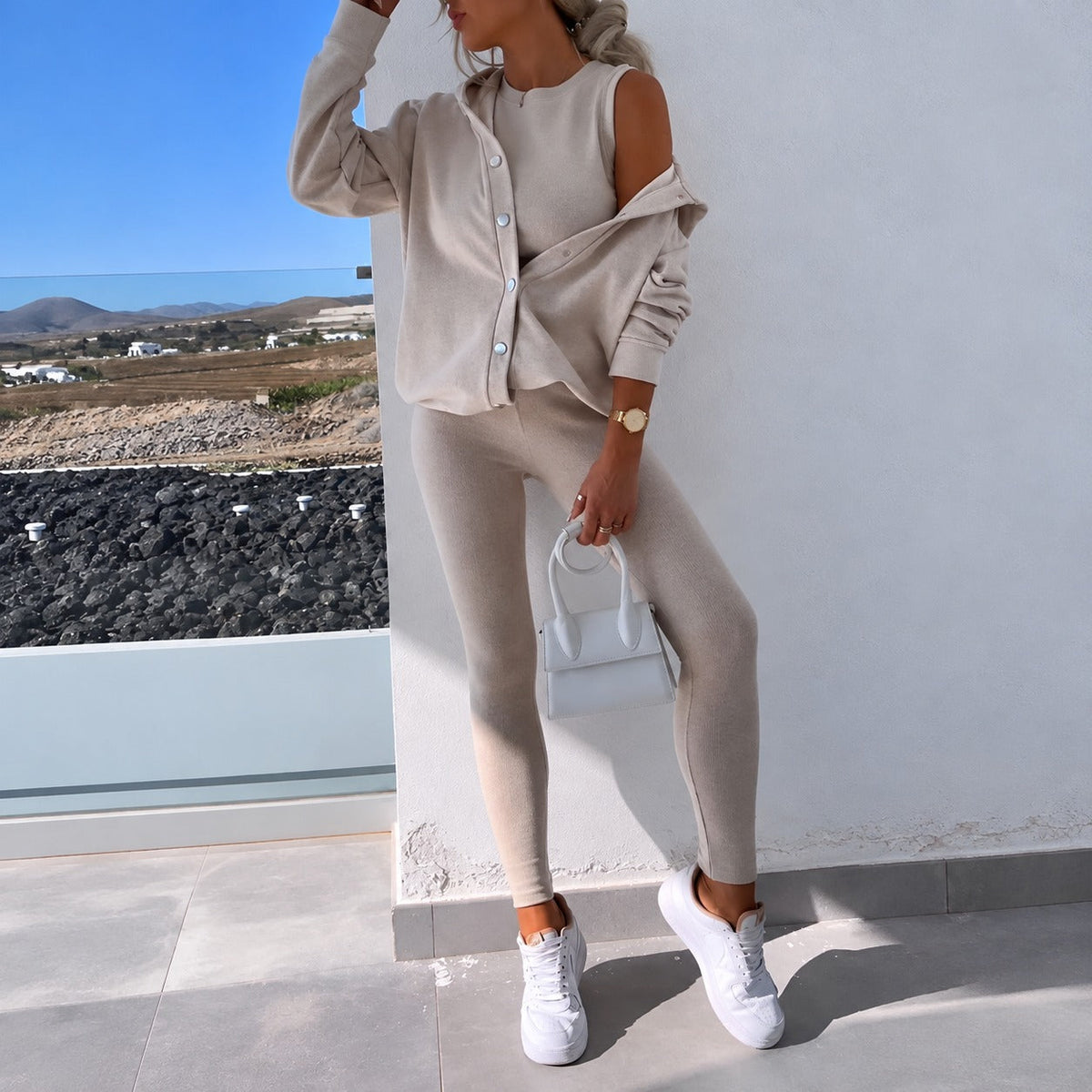 Damen-Set: Cardigan mit langen Ärmeln und enger Leggings