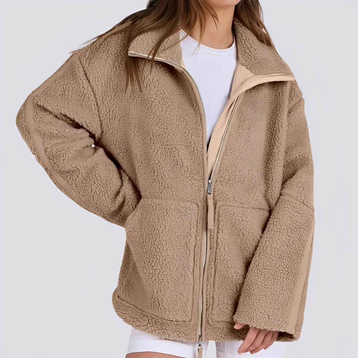 Damen Teddy-Jacke - Weite Passform mit Reißverschluss und Taschen