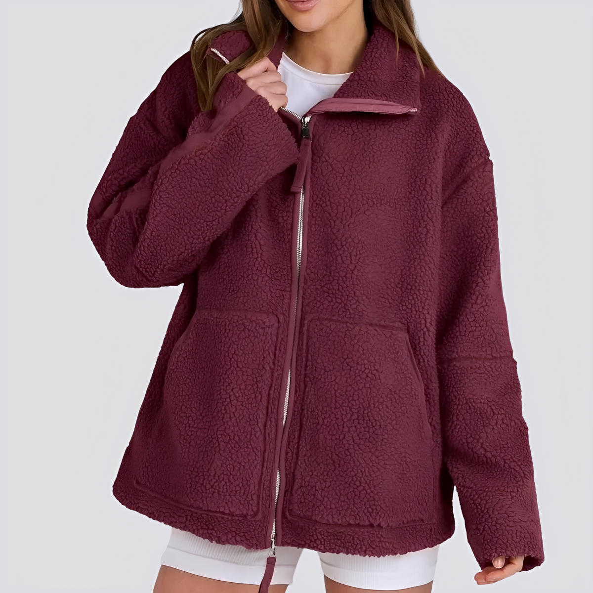 Damen Teddy-Jacke - Weite Passform mit Reißverschluss und Taschen