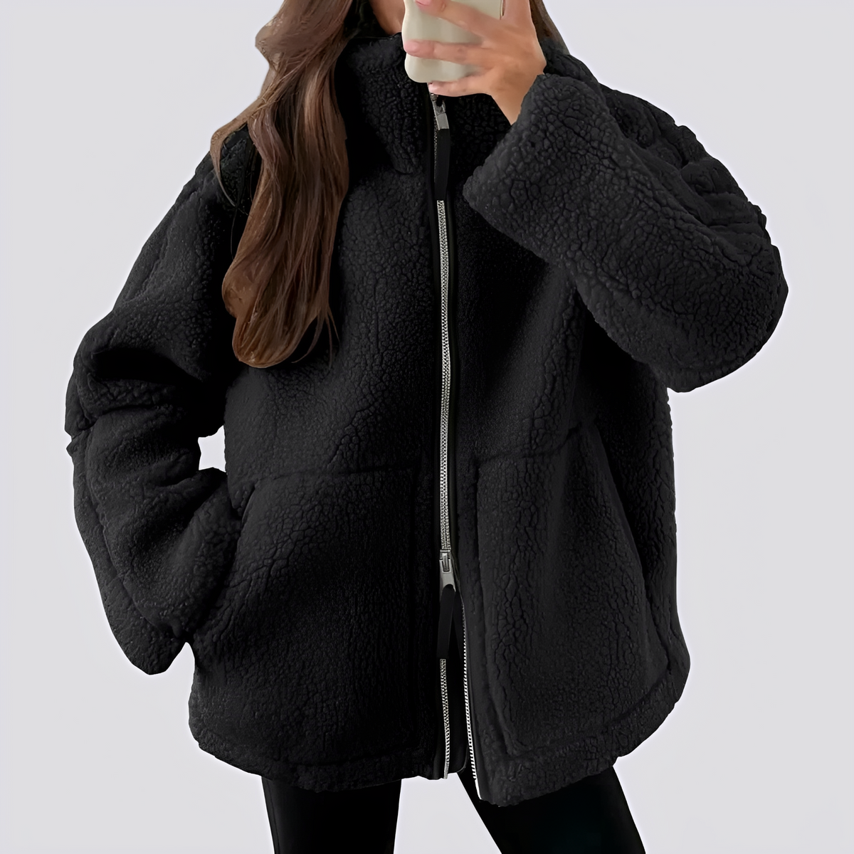 Damen Teddy-Jacke - Weite Passform mit Reißverschluss und Taschen