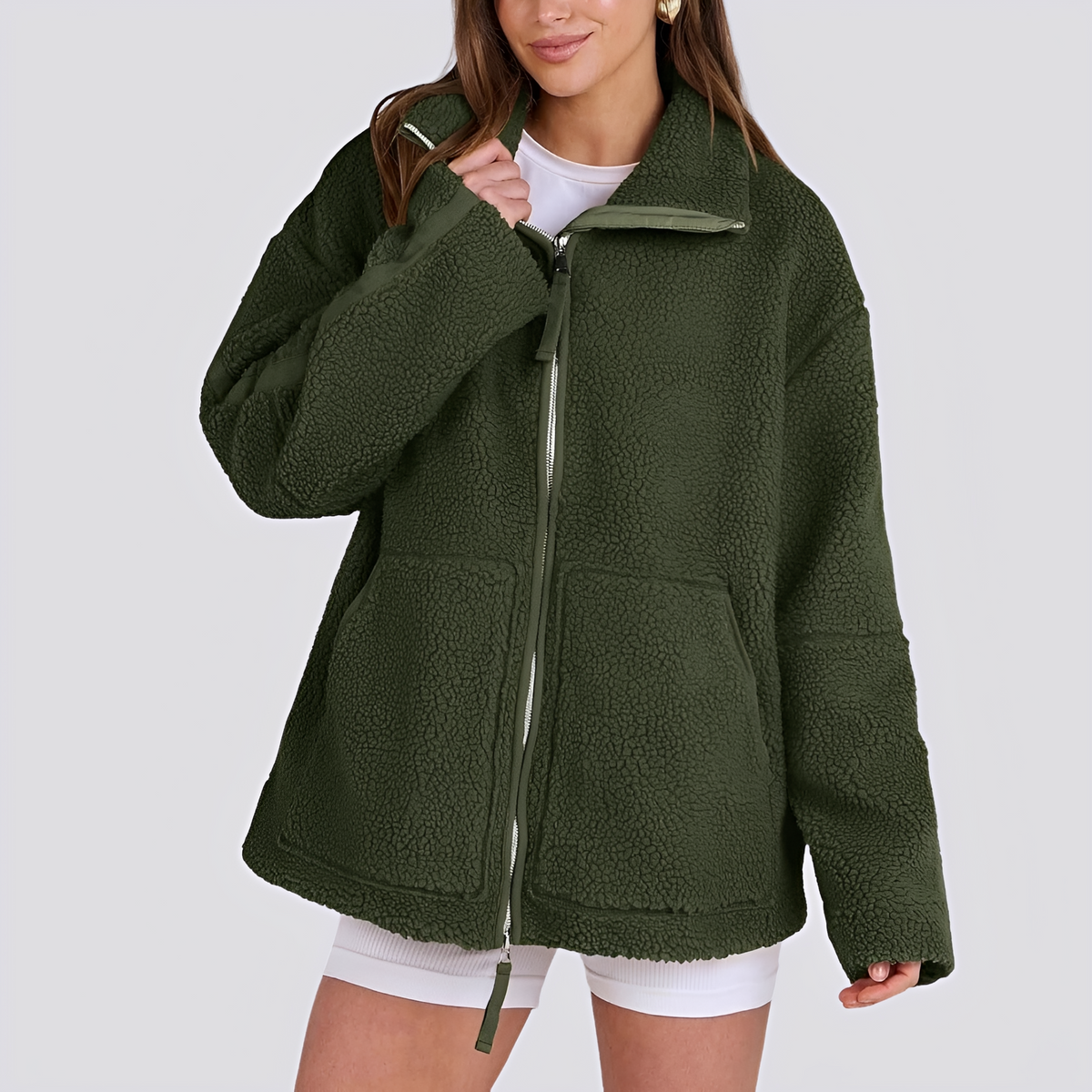 Damen Teddy-Jacke - Weite Passform mit Reißverschluss und Taschen