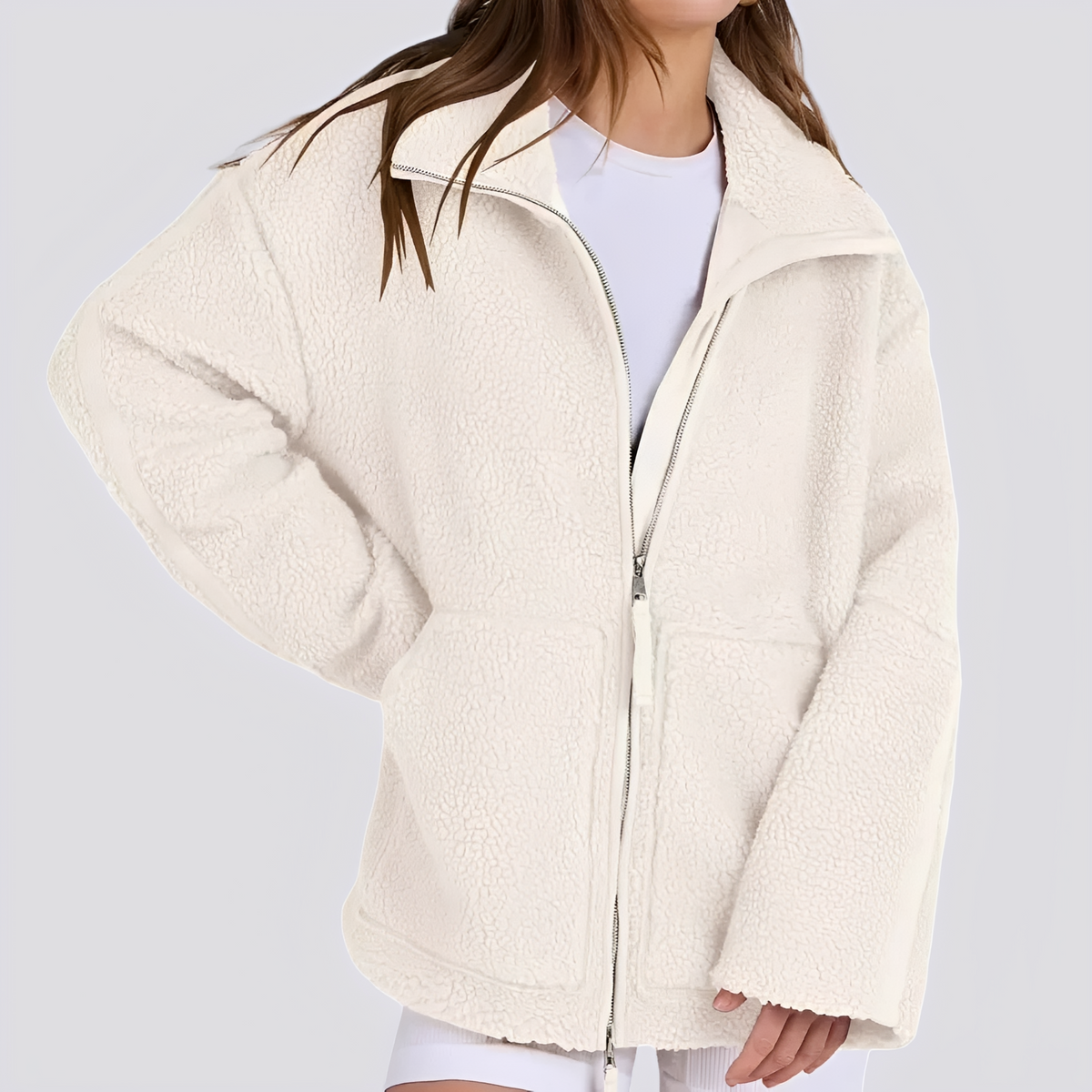 Damen Teddy-Jacke - Weite Passform mit Reißverschluss und Taschen