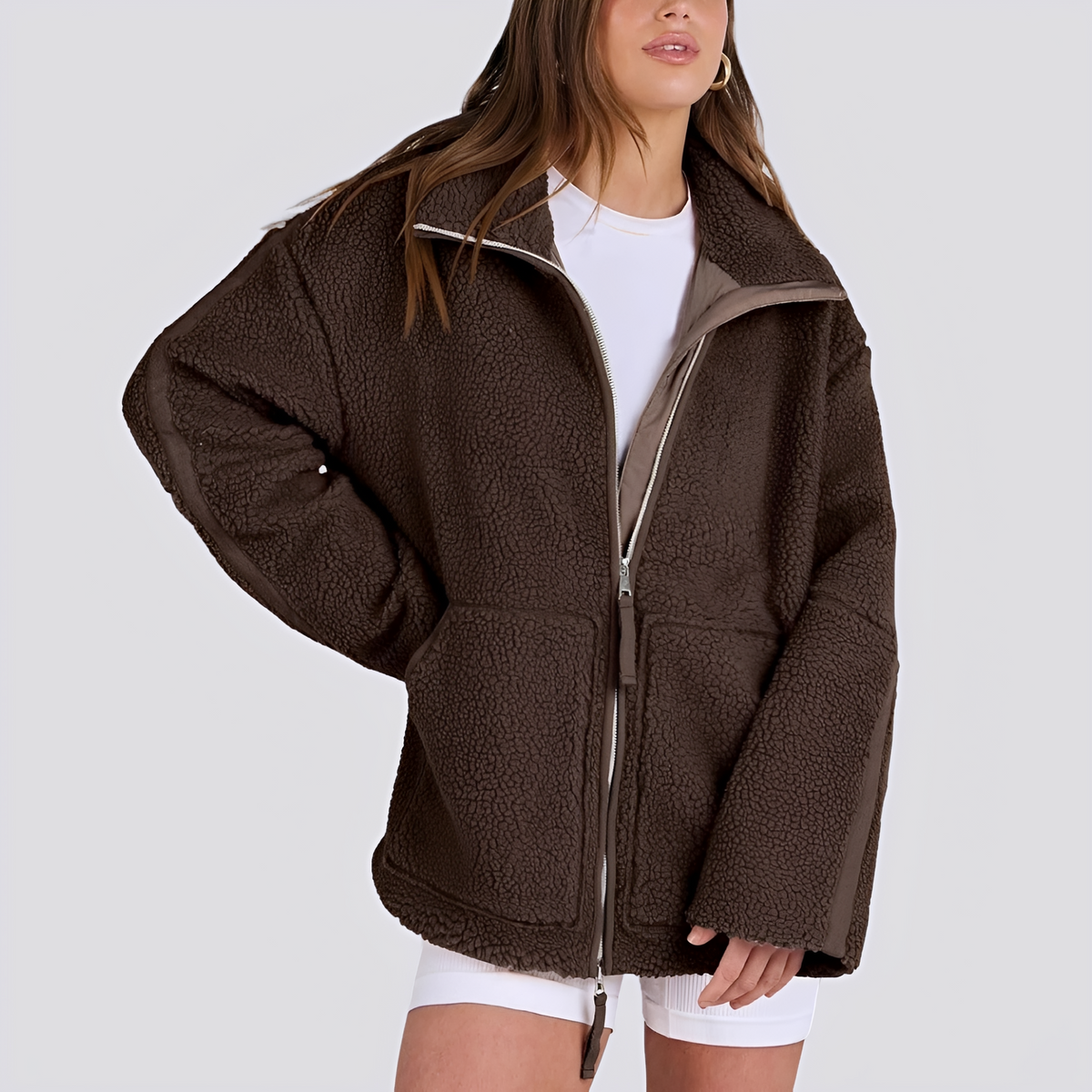Damen Teddy-Jacke - Weite Passform mit Reißverschluss und Taschen