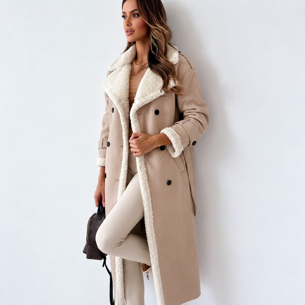 Damen Teddy Mantel mit Doppelknopf, Gürtel, weite Passform, knielang