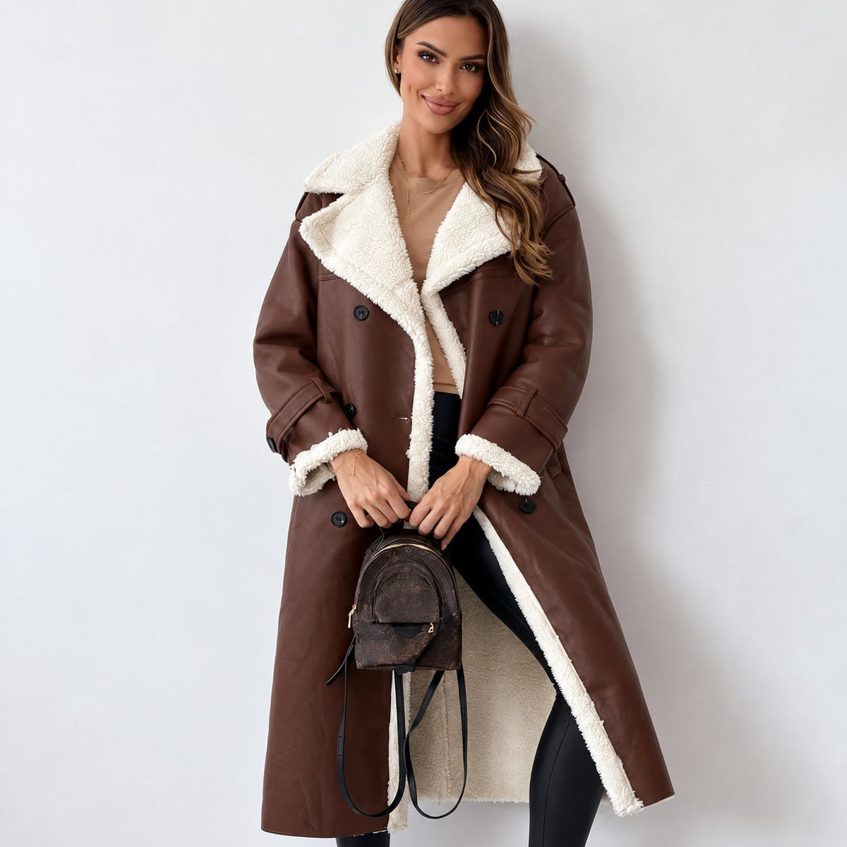 Damen Teddy Mantel mit Doppelknopf, Gürtel, weite Passform, knielang
