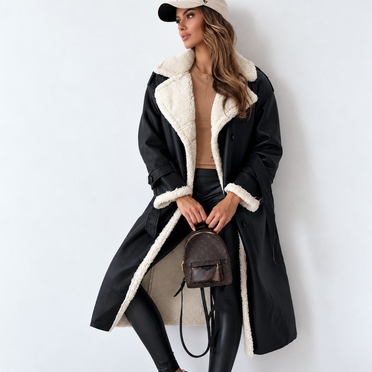 Damen Teddy Mantel mit Doppelknopf, Gürtel, weite Passform, knielang