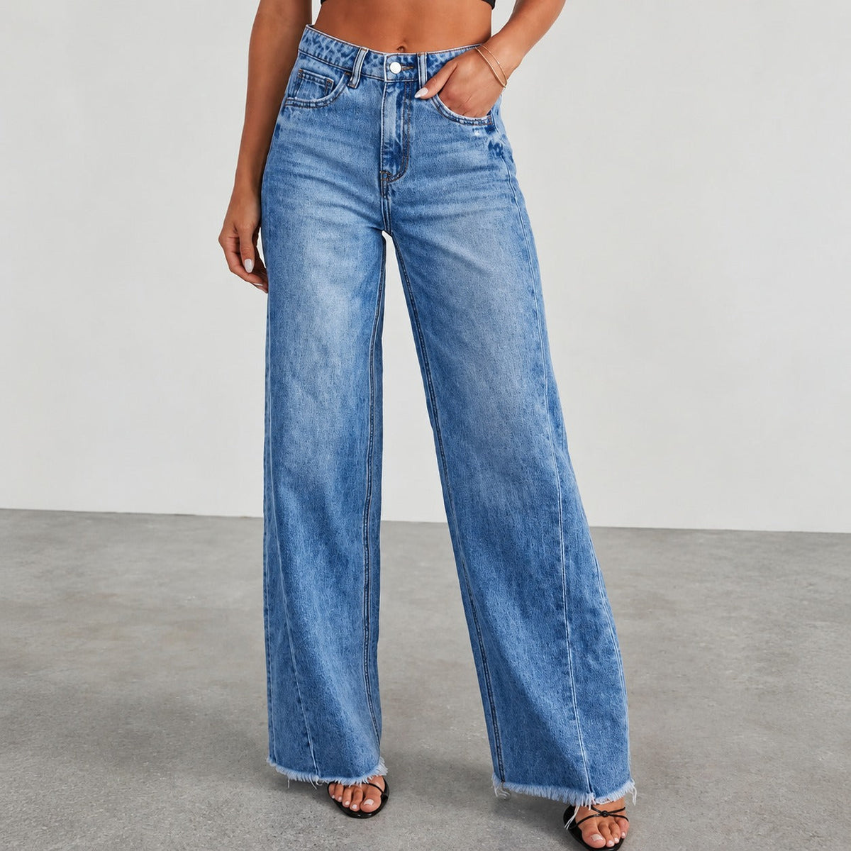 Damen Weite Jeans mit Hohem Bund und Zerstörtem Saum - Bequemer Schnitt