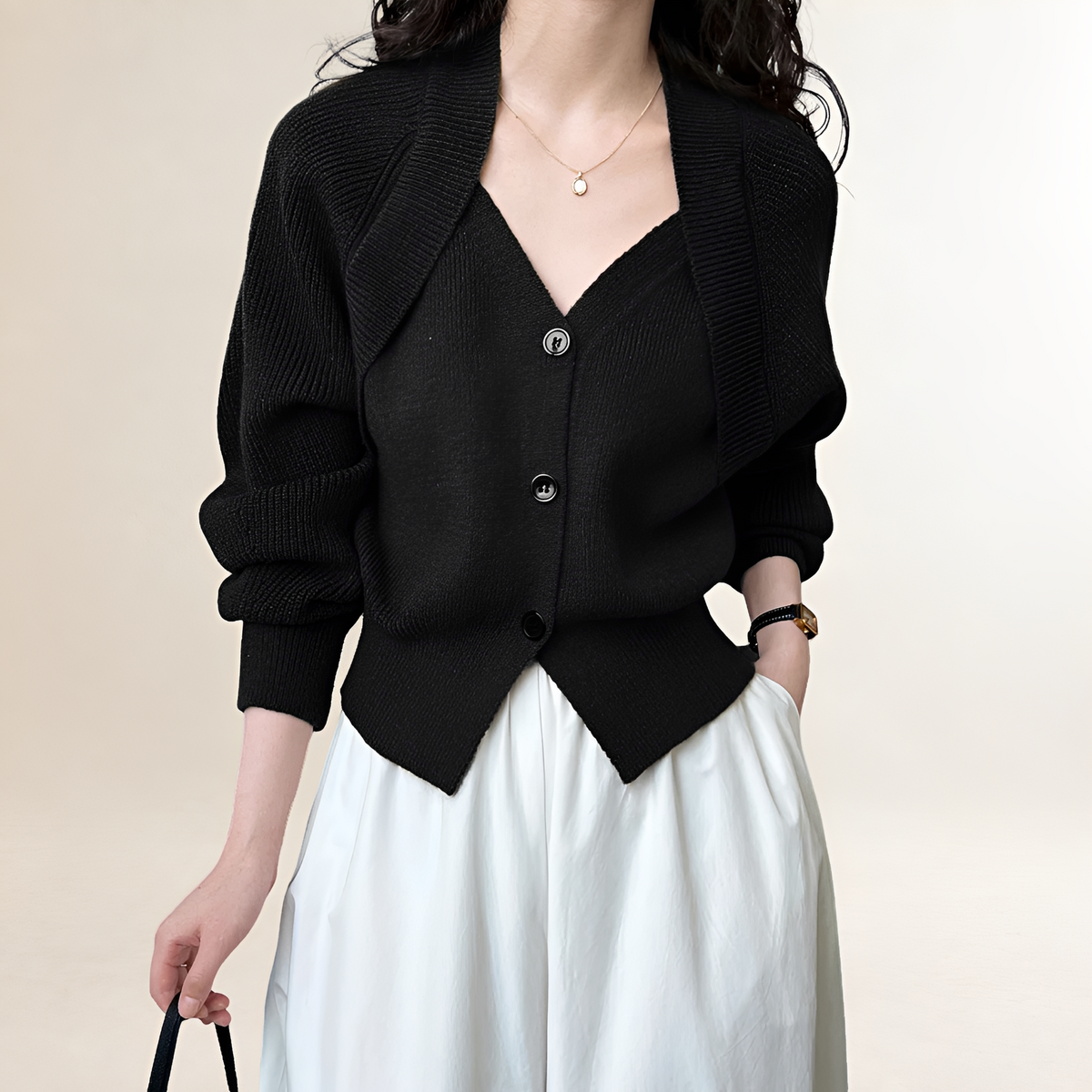 Damen-Cardigan mit V-Ausschnitt, Knöpfen und langen Ärmeln