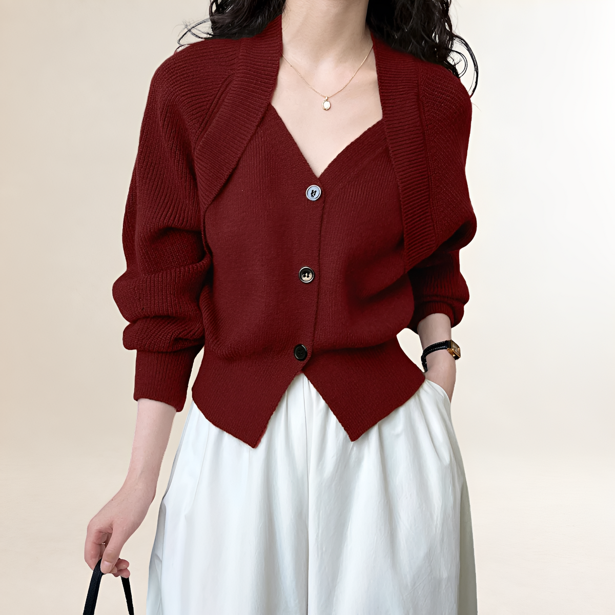 Damen-Cardigan mit V-Ausschnitt, Knöpfen und langen Ärmeln