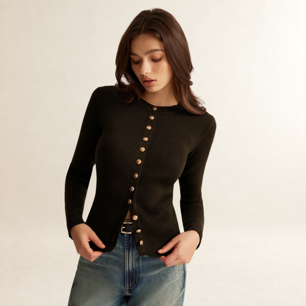 Damentaille Langarm Bluse mit Knopfleiste, schmaler Passform und gerippter Struktur