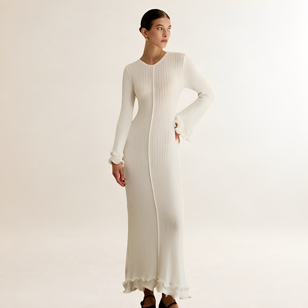Damen-Maxikleid mit Saumrüsche, langen Ärmeln und körpernaher Passform