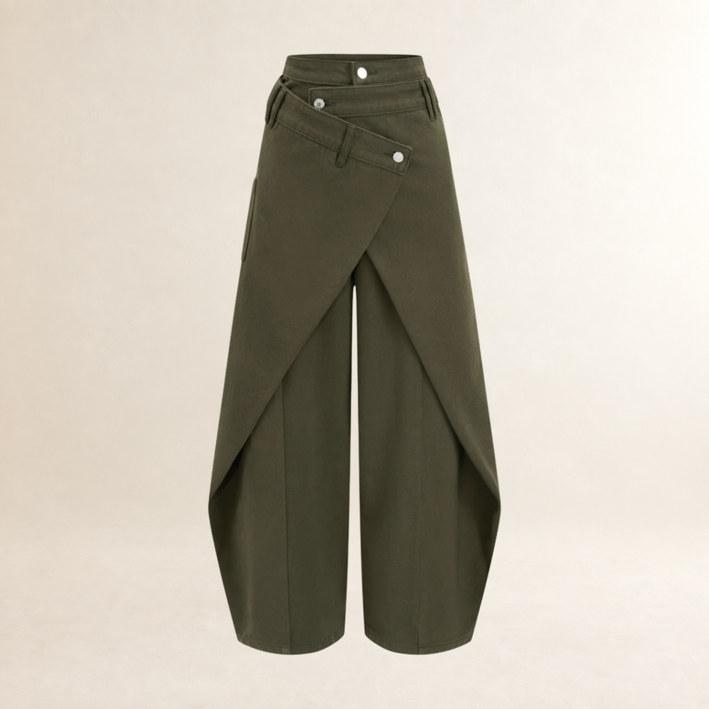 Damenhose mit weitem Schnitt, hohem Bund, Kreuzfront-Design und knöchelfreiem Bein