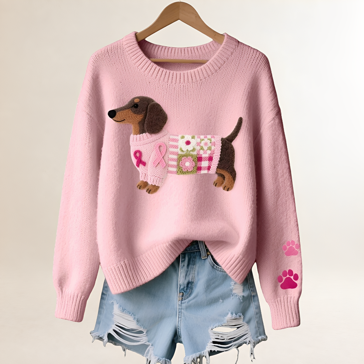 Damenpullover mit Dackel-Motiv - V-Ausschnitt, Lässiger Schnitt, Spielerisches Patchwork