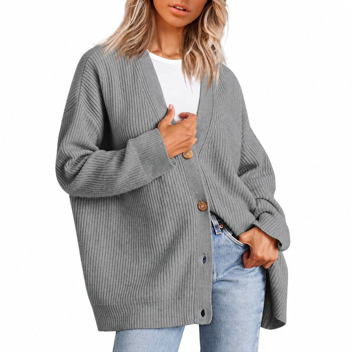 Damentunika mit V-Ausschnitt und Knopfleiste im Oversize-Schnitt