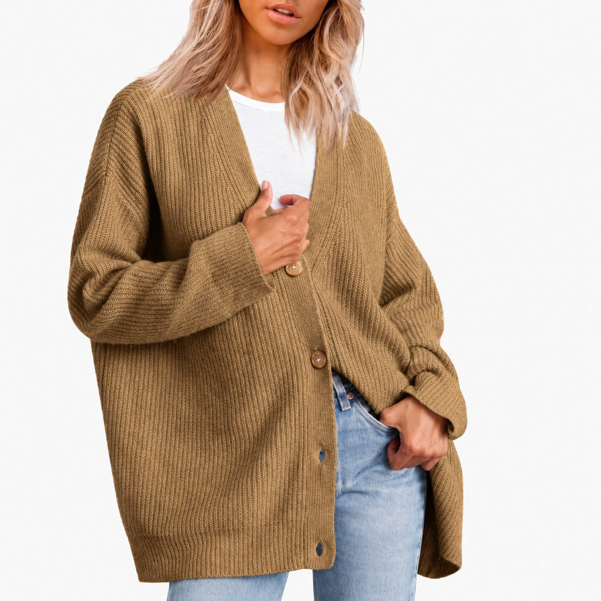 Damentunika mit V-Ausschnitt und Knopfleiste im Oversize-Schnitt