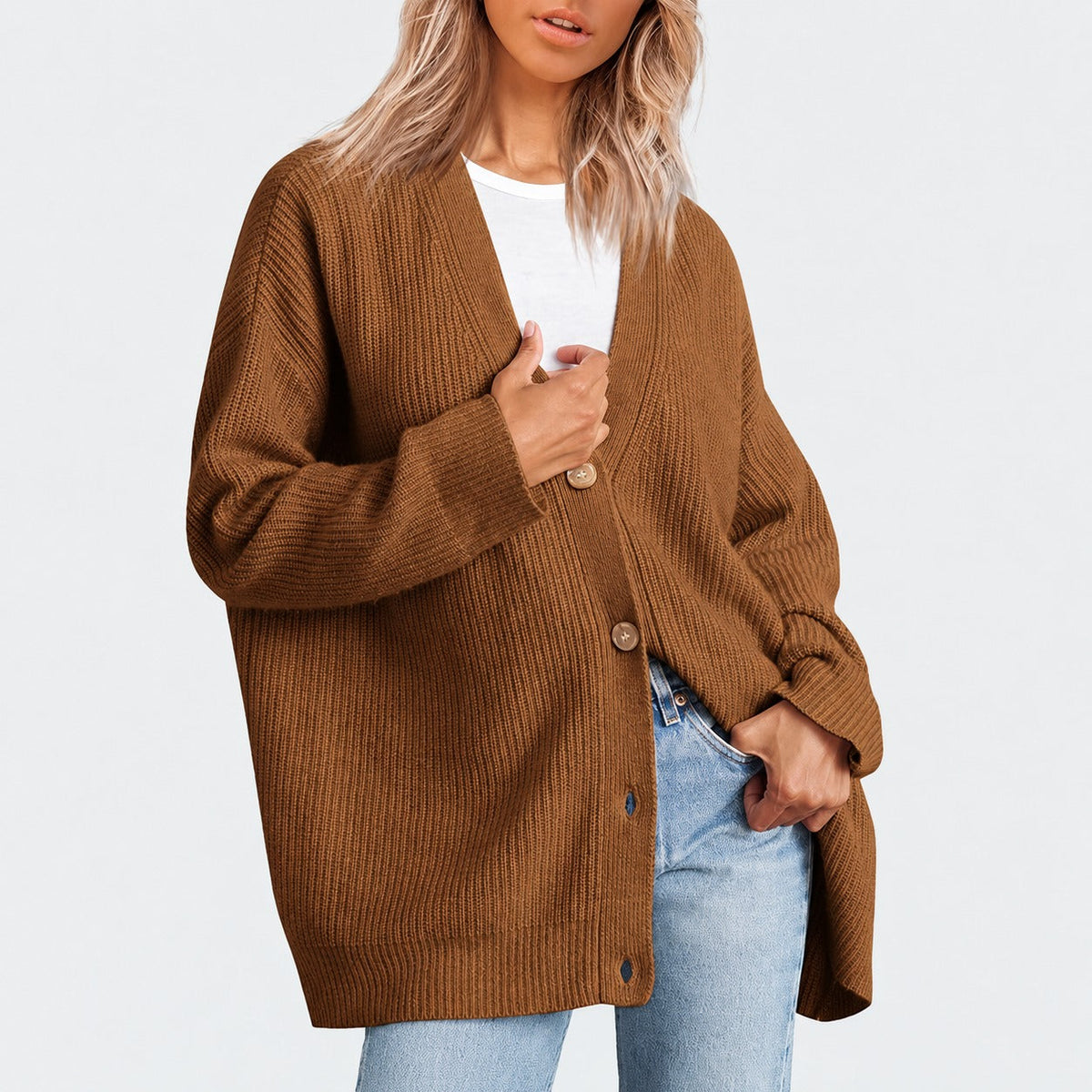 Damentunika mit V-Ausschnitt und Knopfleiste im Oversize-Schnitt