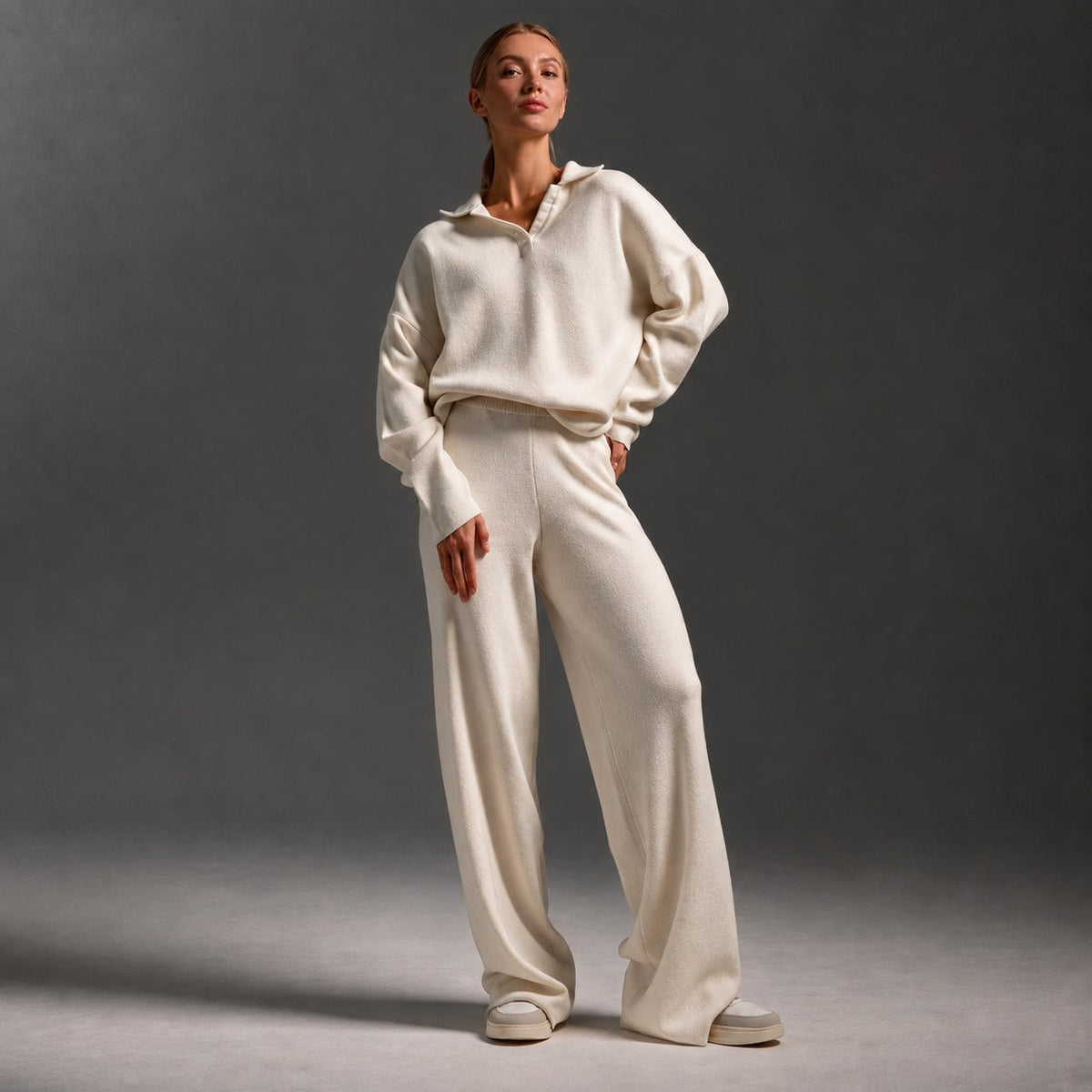 Damen-Loungewear-Set mit Polo-Kragen, langen Ärmeln, lockerem Schnitt und weiter Hose