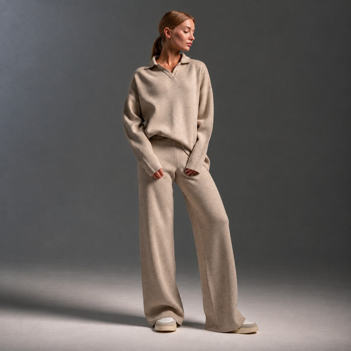 Damen-Loungewear-Set mit Polo-Kragen, langen Ärmeln, lockerem Schnitt und weiter Hose