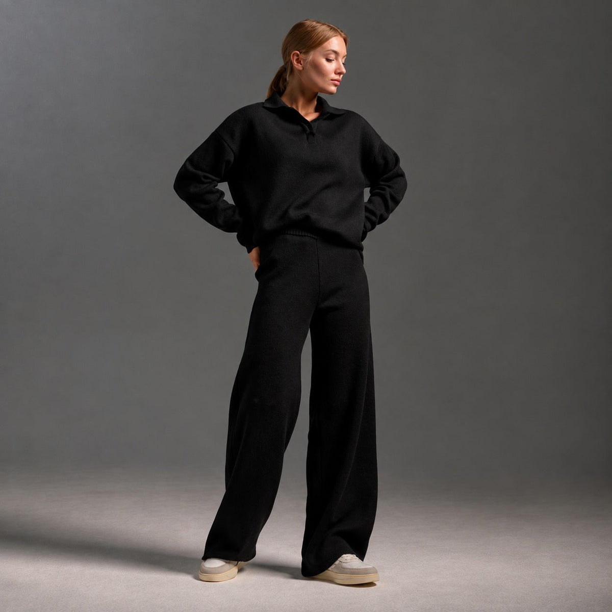 Damen-Loungewear-Set mit Polo-Kragen, langen Ärmeln, lockerem Schnitt und weiter Hose