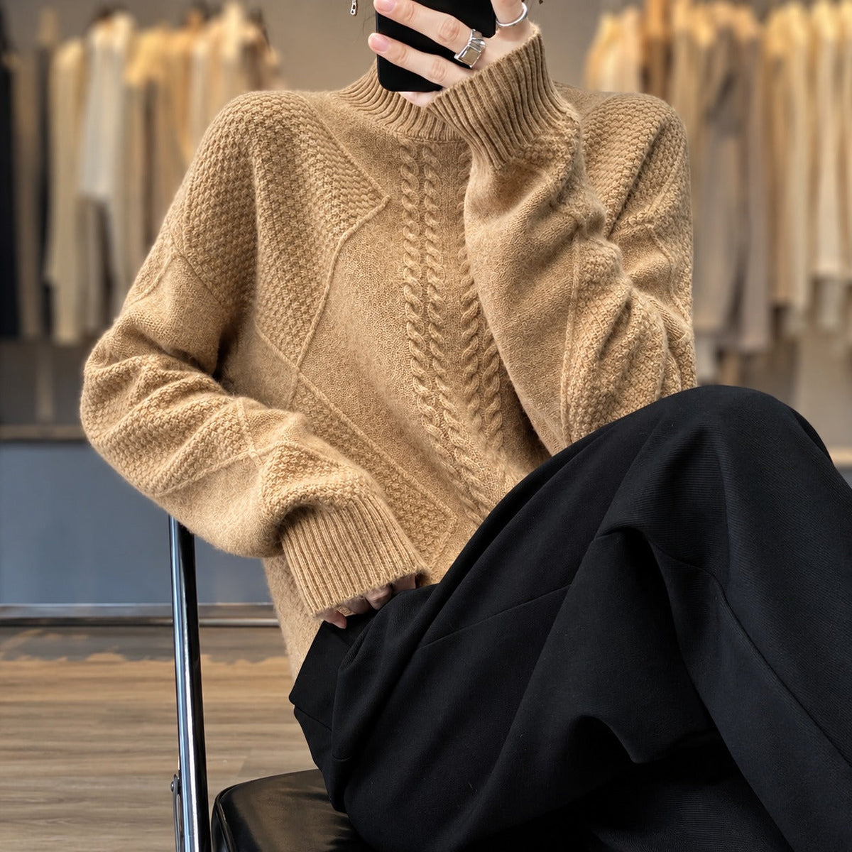 Damen-Turtleneck-Pullover mit strukturiertem Design und lockerer Passform