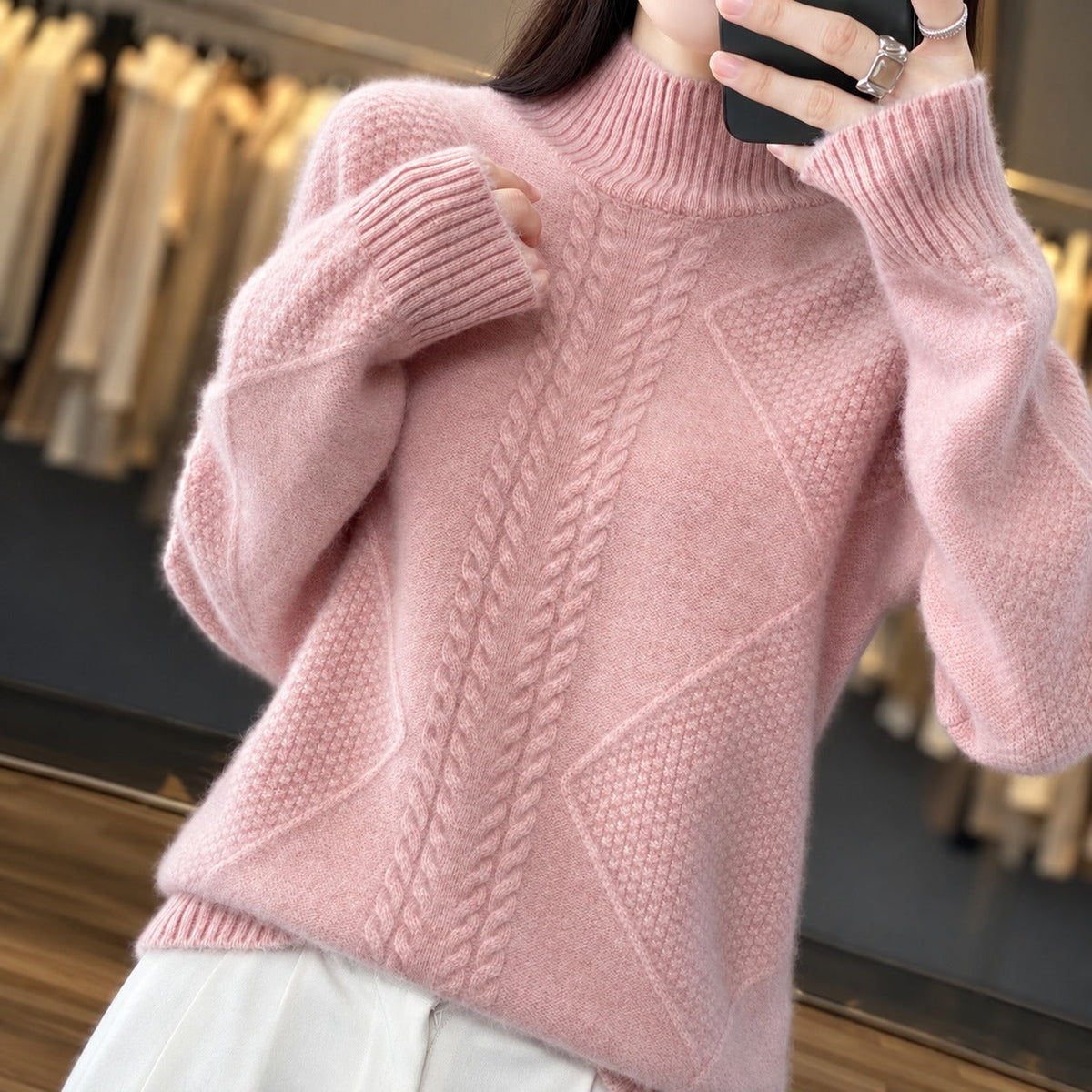 Damen-Turtleneck-Pullover mit strukturiertem Design und lockerer Passform