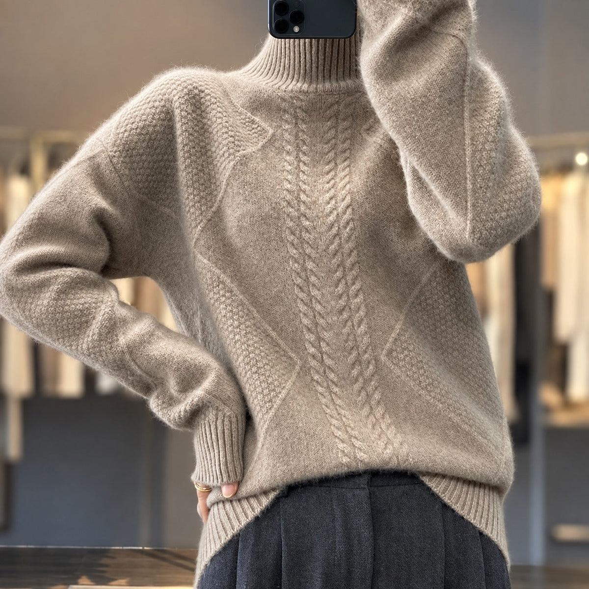 Damen-Turtleneck-Pullover mit strukturiertem Design und lockerer Passform