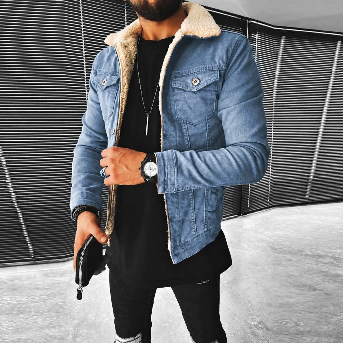 Herrenjacke - Eng anliegendes Design mit Knopfverschluss und kontrastierendem Kragen
