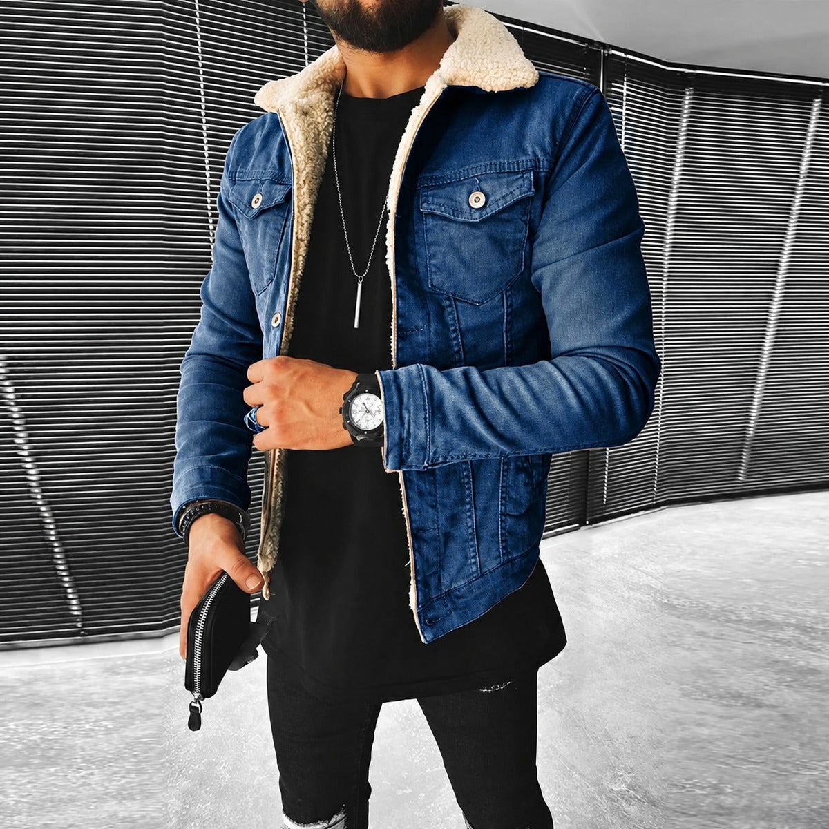 Herrenjacke - Eng anliegendes Design mit Knopfverschluss und kontrastierendem Kragen