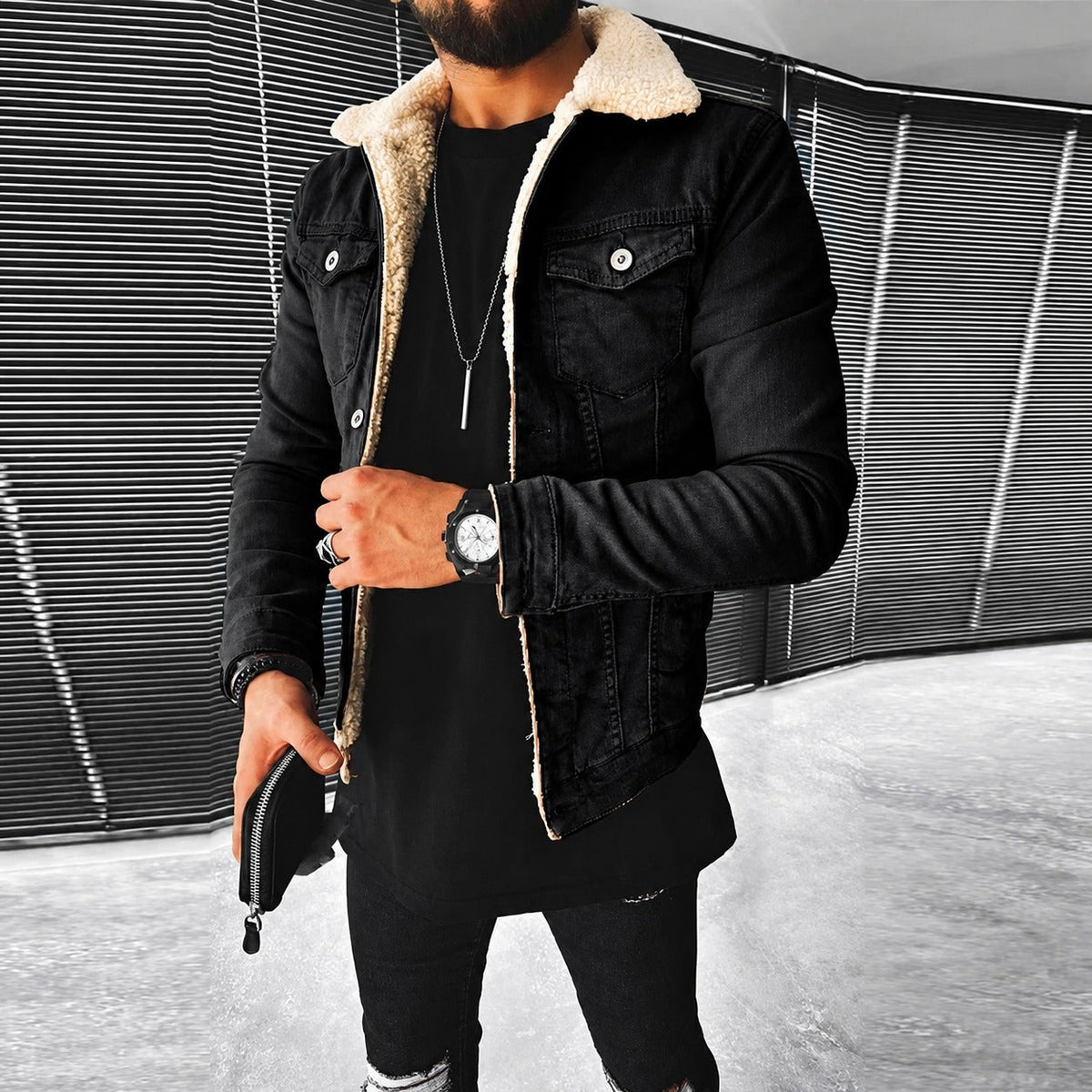 Herrenjacke - Eng anliegendes Design mit Knopfverschluss und kontrastierendem Kragen