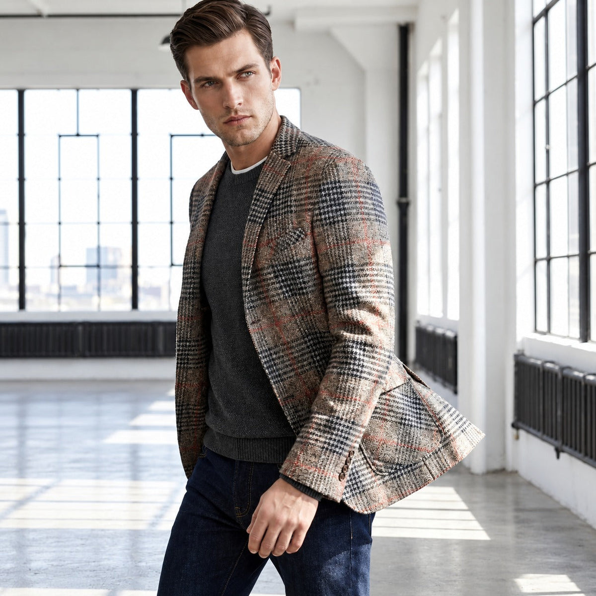 Herrenblazer mit Glen-Check-Muster, lässigem Schnitt, Soft-Shoulder-Design