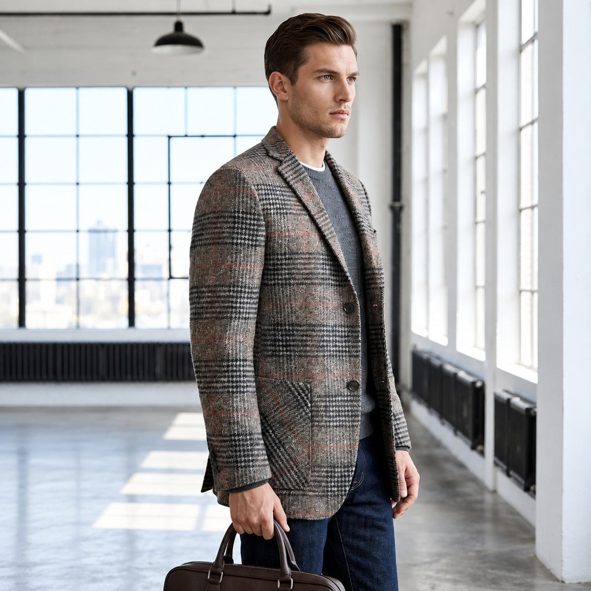 Herrenblazer mit Glen-Check-Muster, lässigem Schnitt, Soft-Shoulder-Design