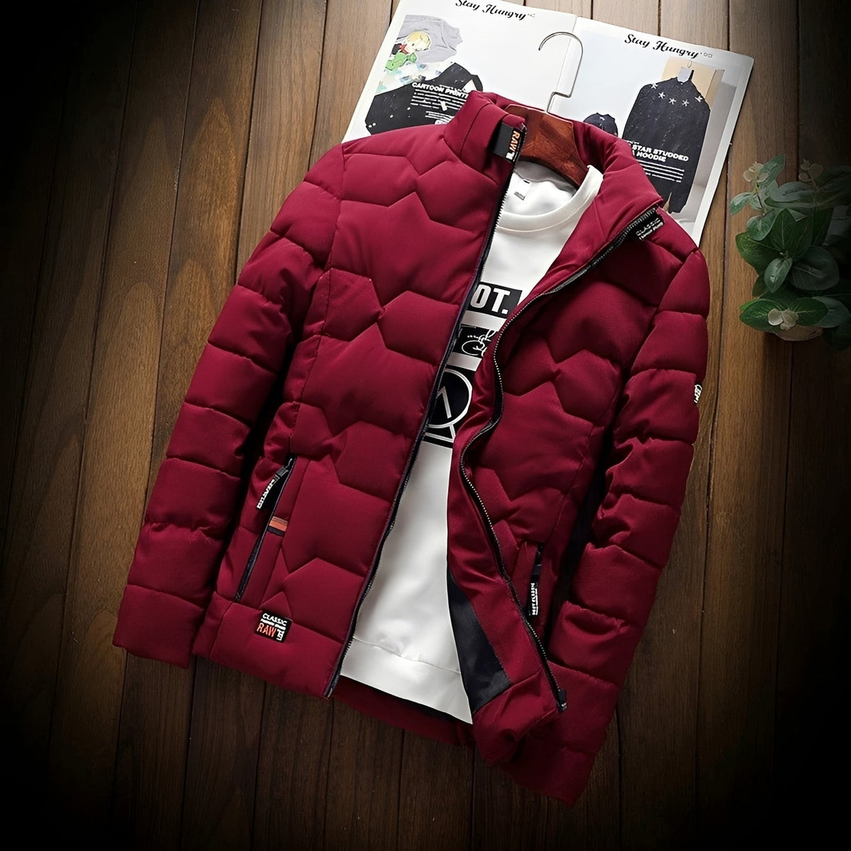 Herren-Steppjacke mit geometrischem Muster, Reißverschlusstaschen und Stehkragen