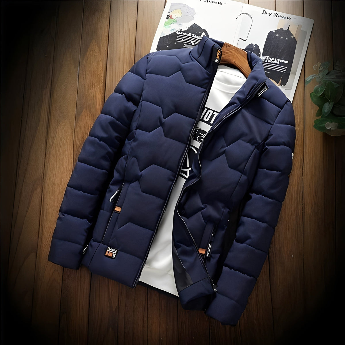 Herren-Steppjacke mit geometrischem Muster, Reißverschlusstaschen und Stehkragen