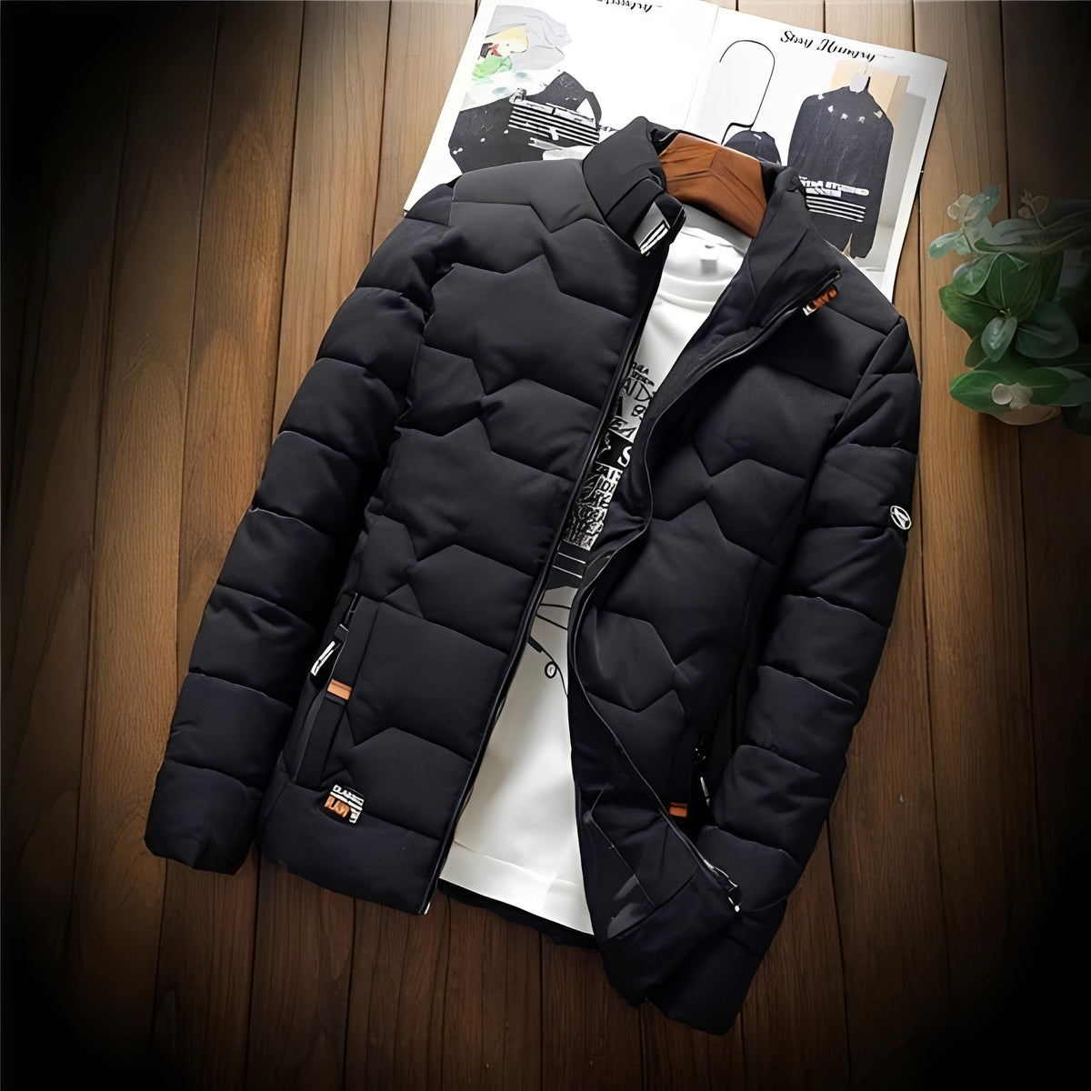 Herren-Steppjacke mit geometrischem Muster, Reißverschlusstaschen und Stehkragen