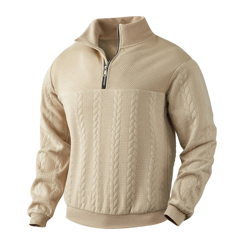 Herren Sweatshirt mit Viertel-Reißverschluss Strukturiertes Muster Lange Ärmel Lockere Passform