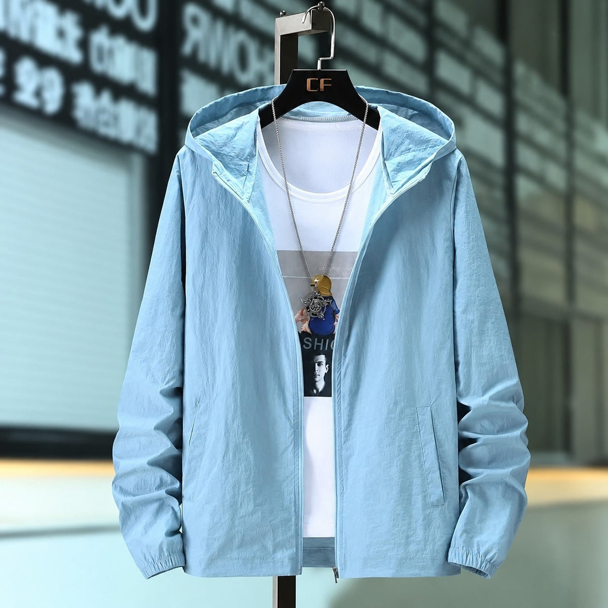Herrener Hooded Jacke aus leichtem Stoff - Atmungsaktiv, Reißverschluss, verstellbare Kapuze